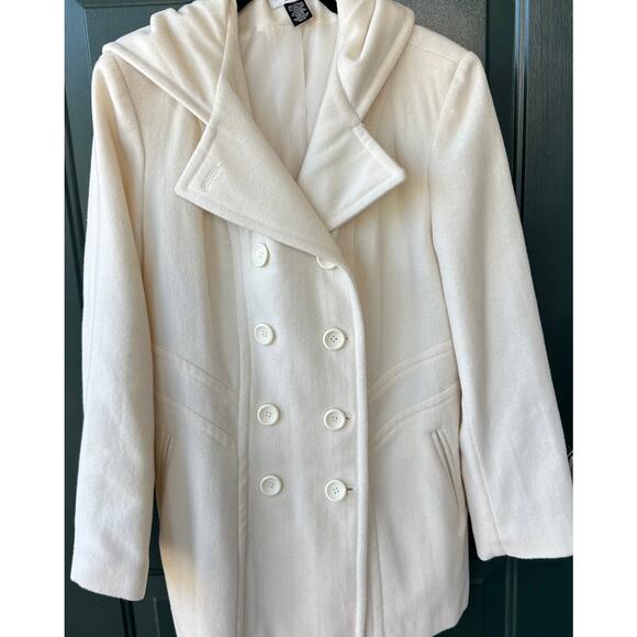 Covington Cream Wool Blend Hooded Peacoat L Winter White Classic Double Breasted - Picture 1 of 6